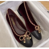 Hot Style Chanel Velvet Ballet Flats with Chain Bow Burgundy 2025 CH041605