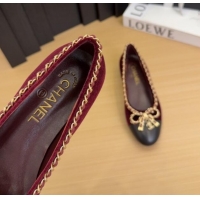 Hot Style Chanel Velvet Ballet Flats with Chain Bow Burgundy 2025 CH041605
