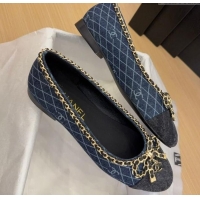 Luxury Chanel Quilted Denim Ballet Flats with Chain Bow Dark Blue 2025 CH041605