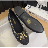 Luxury Chanel Quilted Denim Ballet Flats with Chain Bow Dark Blue 2025 CH041605