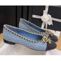 Charming Chanel Quilted Denim Ballet Flats with Chain Bow Light Blue 2025 CH041605
