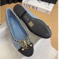 Charming Chanel Quilted Denim Ballet Flats with Chain Bow Light Blue 2025 CH041605
