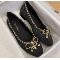 Buy Luxury Chanel Quilted Denim Ballet Flats with Chain Bow Black 2025 CH041605
