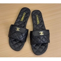 Stylish Chanel Lambskin Flat Slides Sandal with CC Foldover Black 2025 CH041606