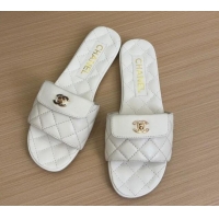Popular Style Chanel Lambskin Flat Slides Sandal with CC Foldover White 2025 CH041606