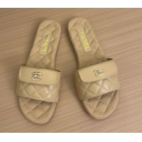 Shop Duplicate Chanel Lambskin Flat Slides Sandal with CC Foldover Beige 2025 CH041606