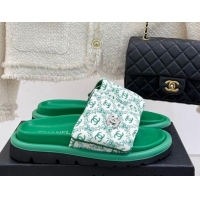 Top Design Chanel Printed Canvas Pillow Flat Slides Sandal Green 2025 CH041607
