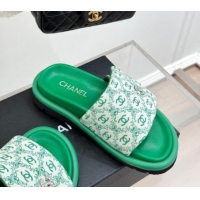 Top Design Chanel Printed Canvas Pillow Flat Slides Sandal Green 2025 CH041607