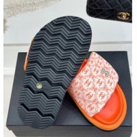 1:1 aaaaa Chanel Printed Canvas Pillow Flat Slides Sandal Orange 2025 CH041607