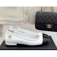 Lower Price Chanel Lambskin & Patent Calfskin Ballet Flats with Pearls White 2025 CH041609