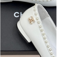 Lower Price Chanel Lambskin & Patent Calfskin Ballet Flats with Pearls White 2025 CH041609