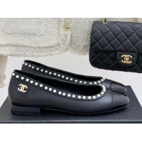 Stylish Chanel Lambskin & Patent Calfskin Ballet Flats with Pearls Black 2025 CH041609