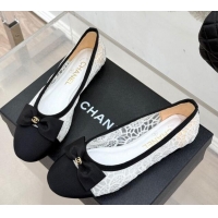 Top Design Chanel Lace & Grosgrain Ballet Flats with Bow White 2025 CH041610