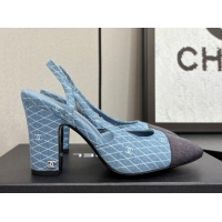 Good Quality Chanel Quilted Denim Classic Slingback Pumps 10cm Light Blue 2025 G45509
