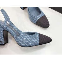 Good Quality Chanel Quilted Denim Classic Slingback Pumps 10cm Light Blue 2025 G45509