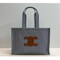 Most Popular Celine Large Cabas Thais Tote Bag in Striped Textile 196762 Navy Blue 2024