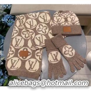 Top Quality Louis Vuitton Knit Scarf, Hat and Gloves Set 1129 Khaki 2024