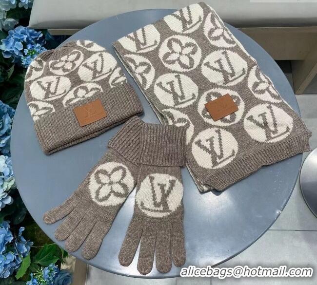 Top Quality Louis Vuitton Knit Scarf, Hat and Gloves Set 1129 Khaki 2024