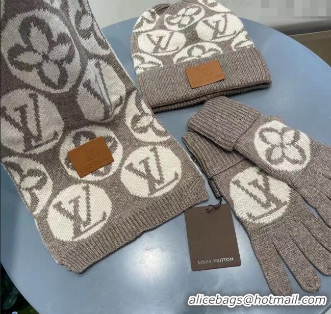 Top Quality Louis Vuitton Knit Scarf, Hat and Gloves Set 1129 Khaki 2024