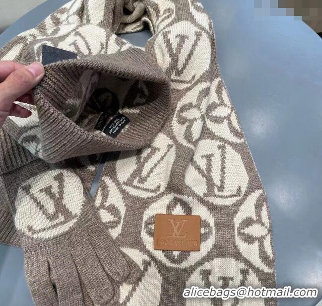 Top Quality Louis Vuitton Knit Scarf, Hat and Gloves Set 1129 Khaki 2024