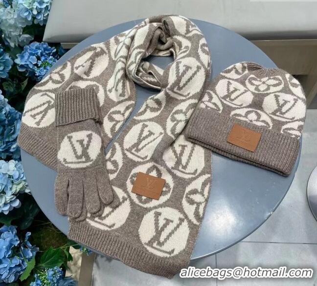 Top Quality Louis Vuitton Knit Scarf, Hat and Gloves Set 1129 Khaki 2024