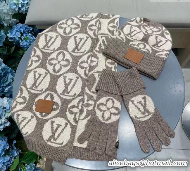 Top Quality Louis Vuitton Knit Scarf, Hat and Gloves Set 1129 Khaki 2024