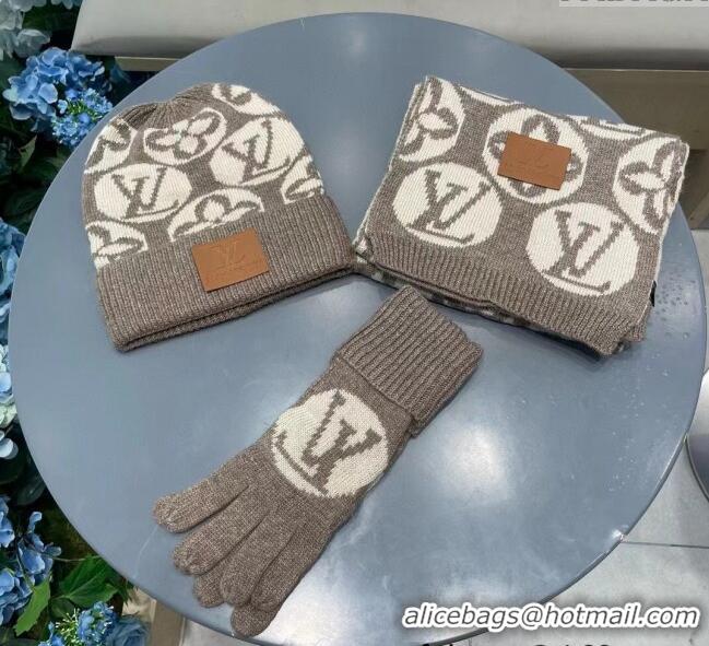 Top Quality Louis Vuitton Knit Scarf, Hat and Gloves Set 1129 Khaki 2024