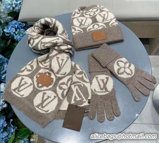 Top Quality Louis Vuitton Knit Scarf, Hat and Gloves Set 1129 Khaki 2024
