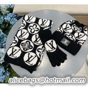 New Style Cheap Louis Vuitton Knit Scarf, Hat and Gloves Set 1129 Black 2024
