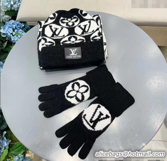 New Style Cheap Louis Vuitton Knit Scarf, Hat and Gloves Set 1129 Black 2024