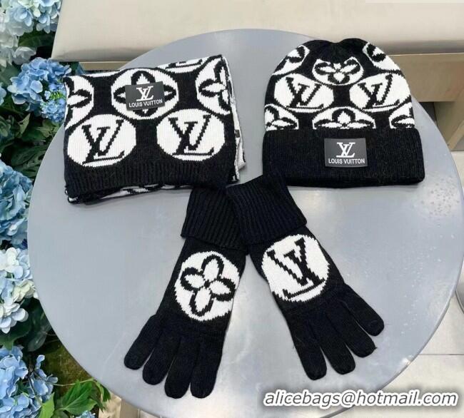New Style Cheap Louis Vuitton Knit Scarf, Hat and Gloves Set 1129 Black 2024