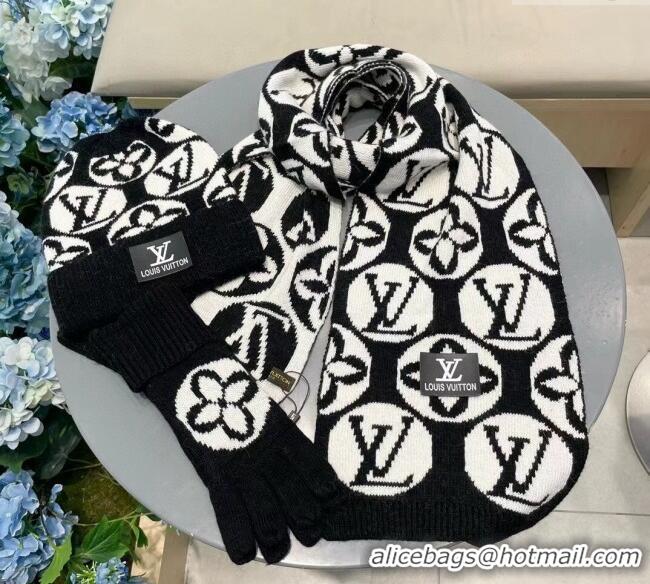 New Style Cheap Louis Vuitton Knit Scarf, Hat and Gloves Set 1129 Black 2024
