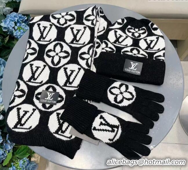 New Style Cheap Louis Vuitton Knit Scarf, Hat and Gloves Set 1129 Black 2024