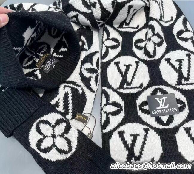 New Style Cheap Louis Vuitton Knit Scarf, Hat and Gloves Set 1129 Black 2024