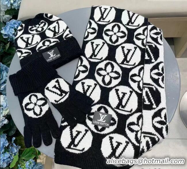 New Style Cheap Louis Vuitton Knit Scarf, Hat and Gloves Set 1129 Black 2024