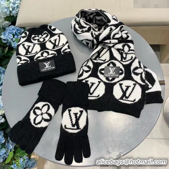 New Style Cheap Louis Vuitton Knit Scarf, Hat and Gloves Set 1129 Black 2024