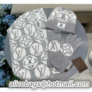 Top Design Louis Vuitton Knit Scarf, Hat and Gloves Set 1129 Grey 2024