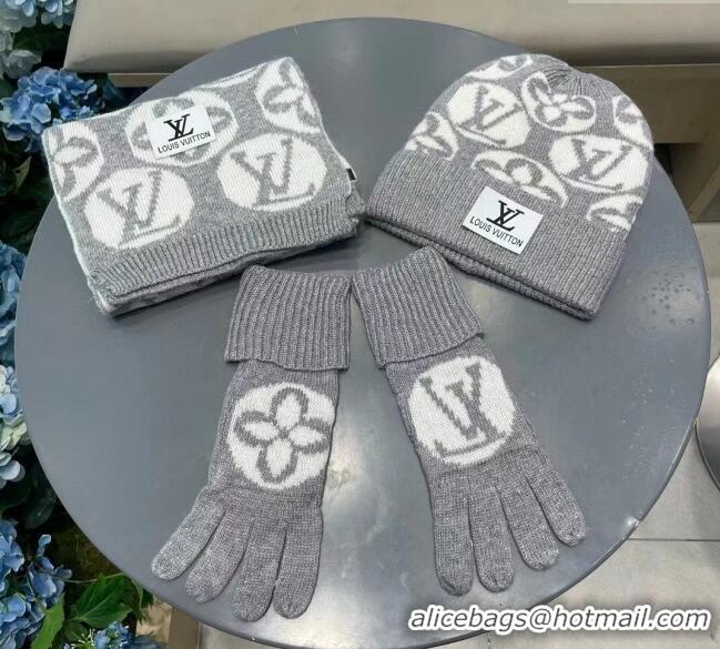 Top Design Louis Vuitton Knit Scarf, Hat and Gloves Set 1129 Grey 2024