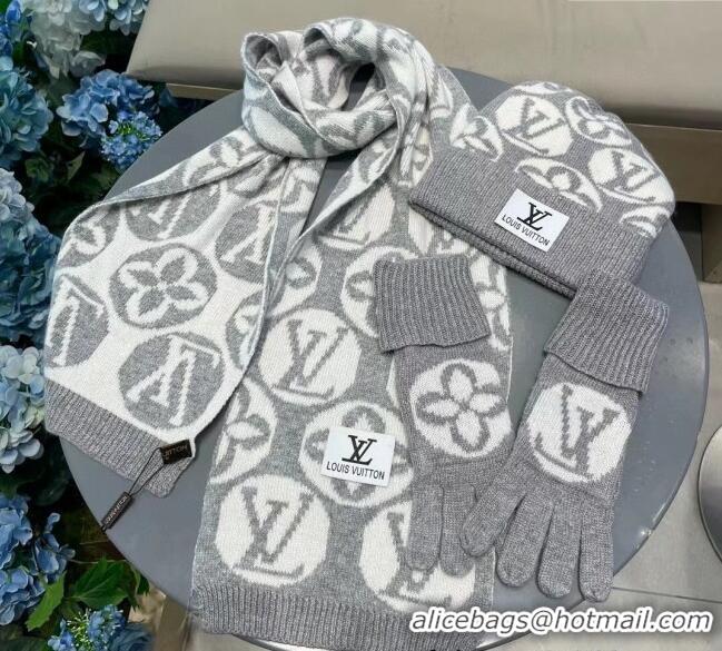 Top Design Louis Vuitton Knit Scarf, Hat and Gloves Set 1129 Grey 2024