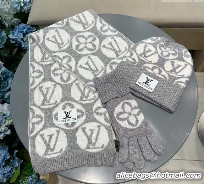Top Design Louis Vuitton Knit Scarf, Hat and Gloves Set 1129 Grey 2024