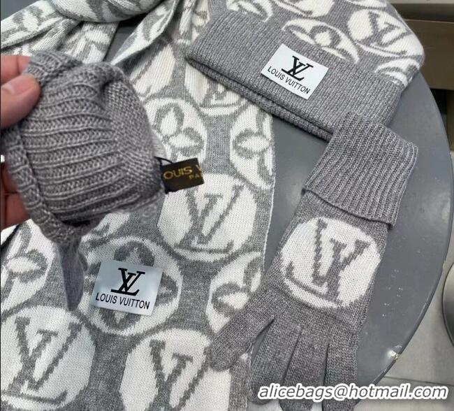 Top Design Louis Vuitton Knit Scarf, Hat and Gloves Set 1129 Grey 2024