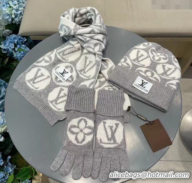Top Design Louis Vuitton Knit Scarf, Hat and Gloves Set 1129 Grey 2024
