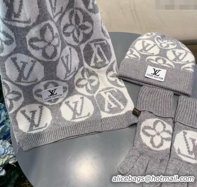 Top Design Louis Vuitton Knit Scarf, Hat and Gloves Set 1129 Grey 2024
