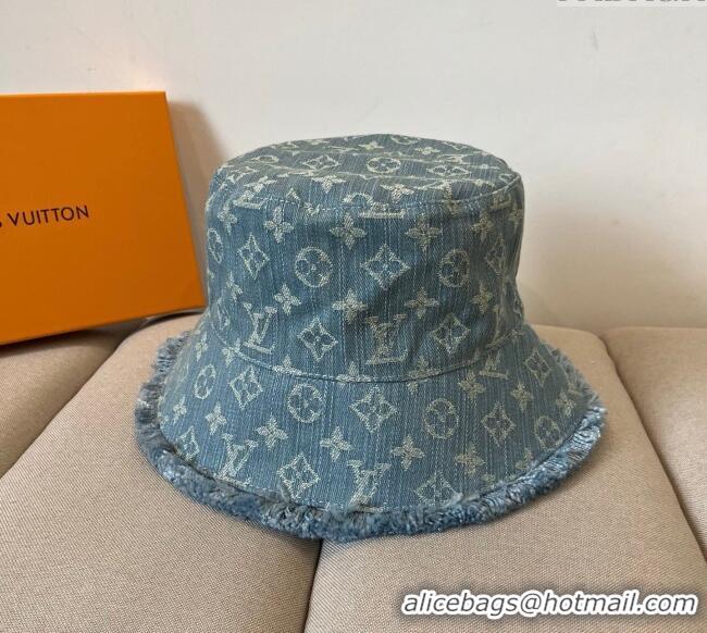 Top Grade Louis Vuitton Monogram Denim Bucket Hat with Fringe Trim 17123 Light Blue 2025