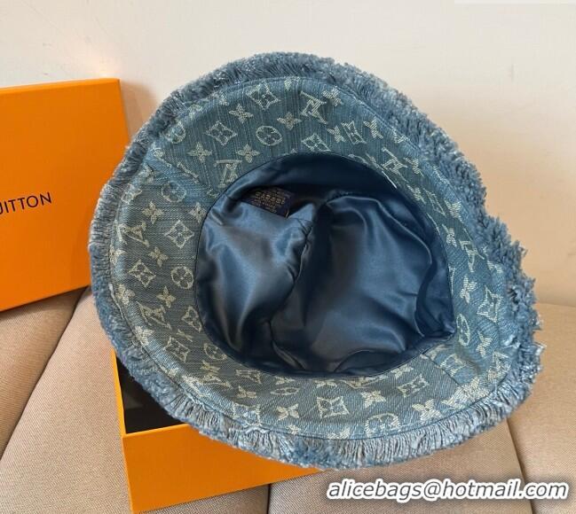 Top Grade Louis Vuitton Monogram Denim Bucket Hat with Fringe Trim 17123 Light Blue 2025