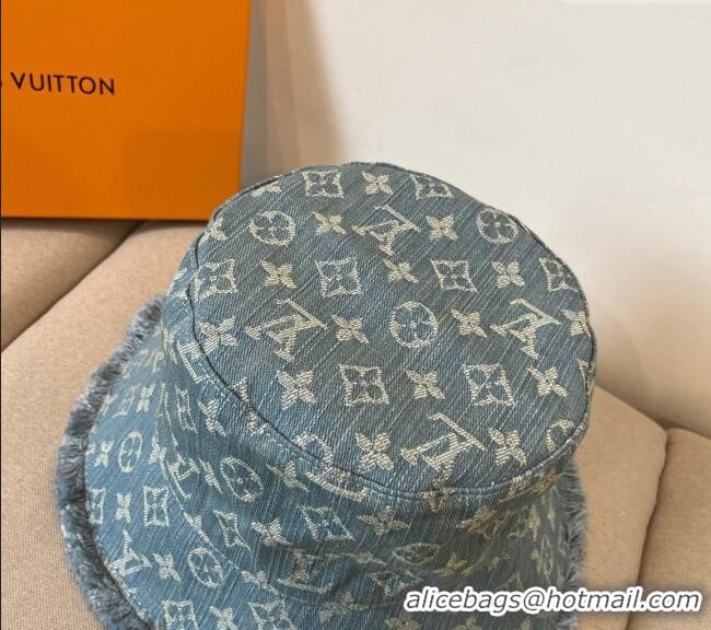 Top Grade Louis Vuitton Monogram Denim Bucket Hat with Fringe Trim 17123 Light Blue 2025