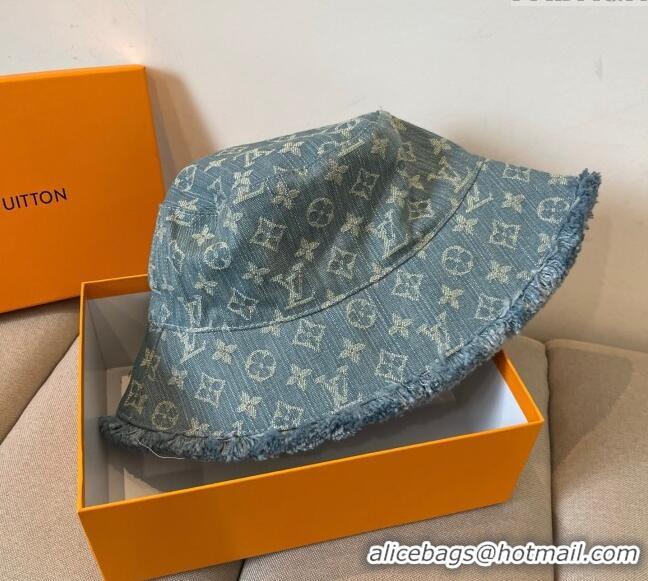 Top Grade Louis Vuitton Monogram Denim Bucket Hat with Fringe Trim 17123 Light Blue 2025