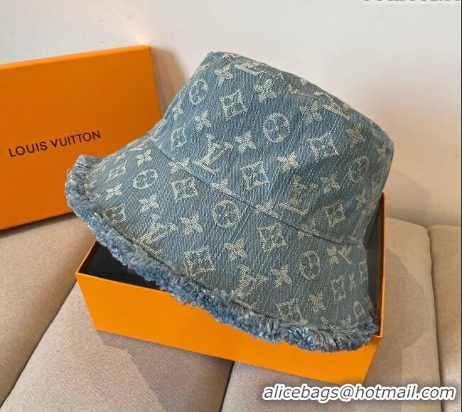Top Grade Louis Vuitton Monogram Denim Bucket Hat with Fringe Trim 17123 Light Blue 2025