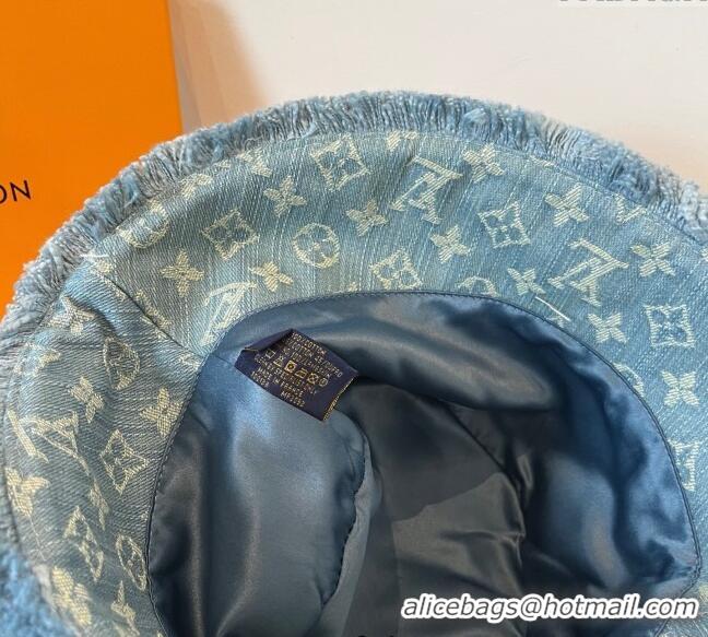 Top Grade Louis Vuitton Monogram Denim Bucket Hat with Fringe Trim 17123 Light Blue 2025