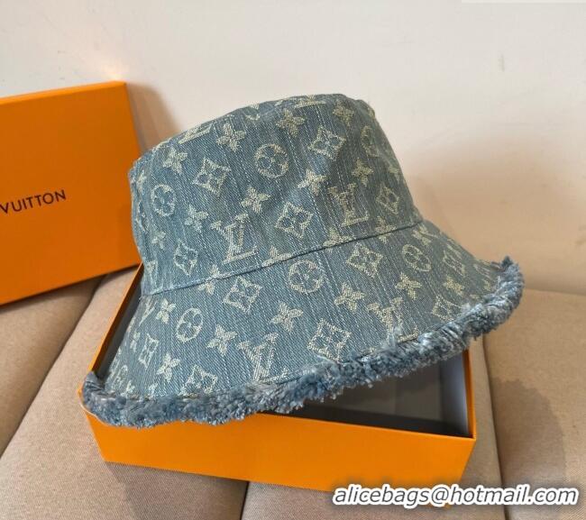 Top Grade Louis Vuitton Monogram Denim Bucket Hat with Fringe Trim 17123 Light Blue 2025